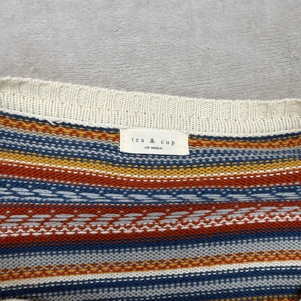 Tea & Cup Sweater Women's One Size Cardigans Cream Blue Rust Striped Fringe Boho